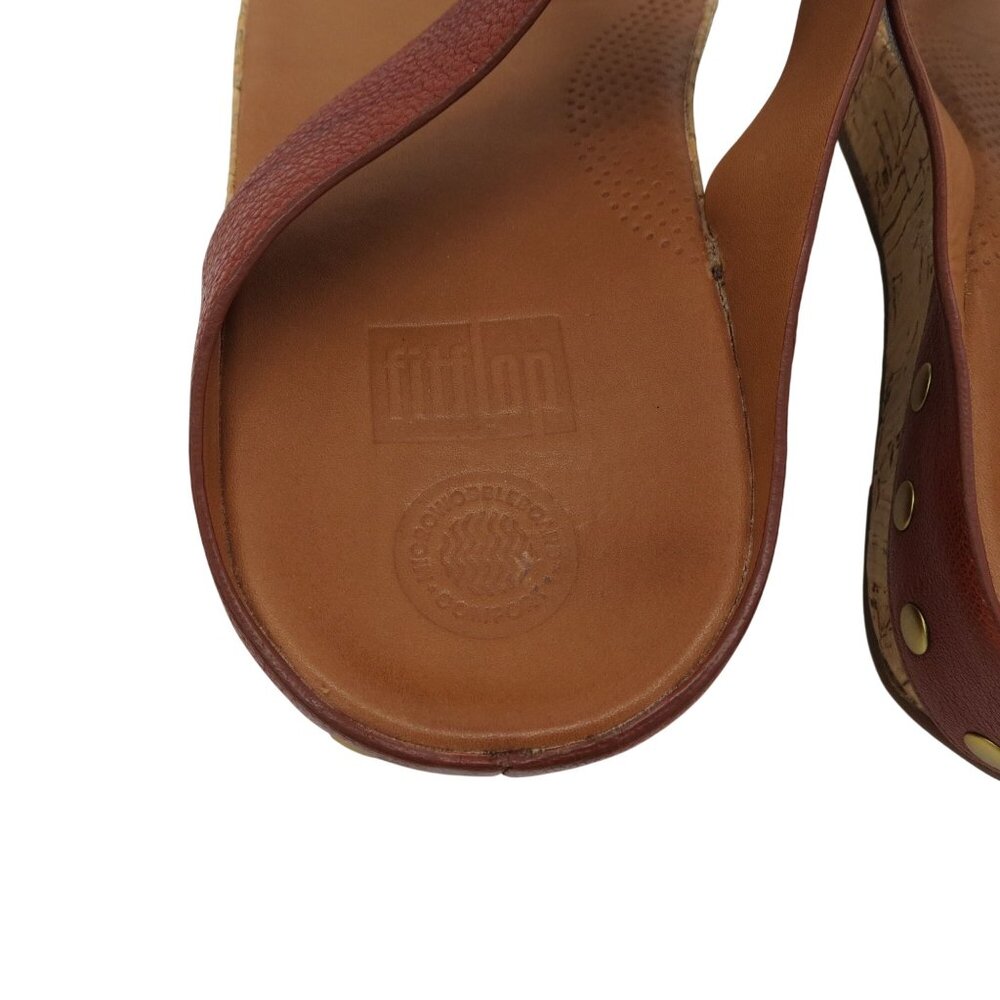 FITFLOP Women's Brown Leather Ibiza Cork Wedge Sandals Size 8 Studded Thong - Picture 6 of 11